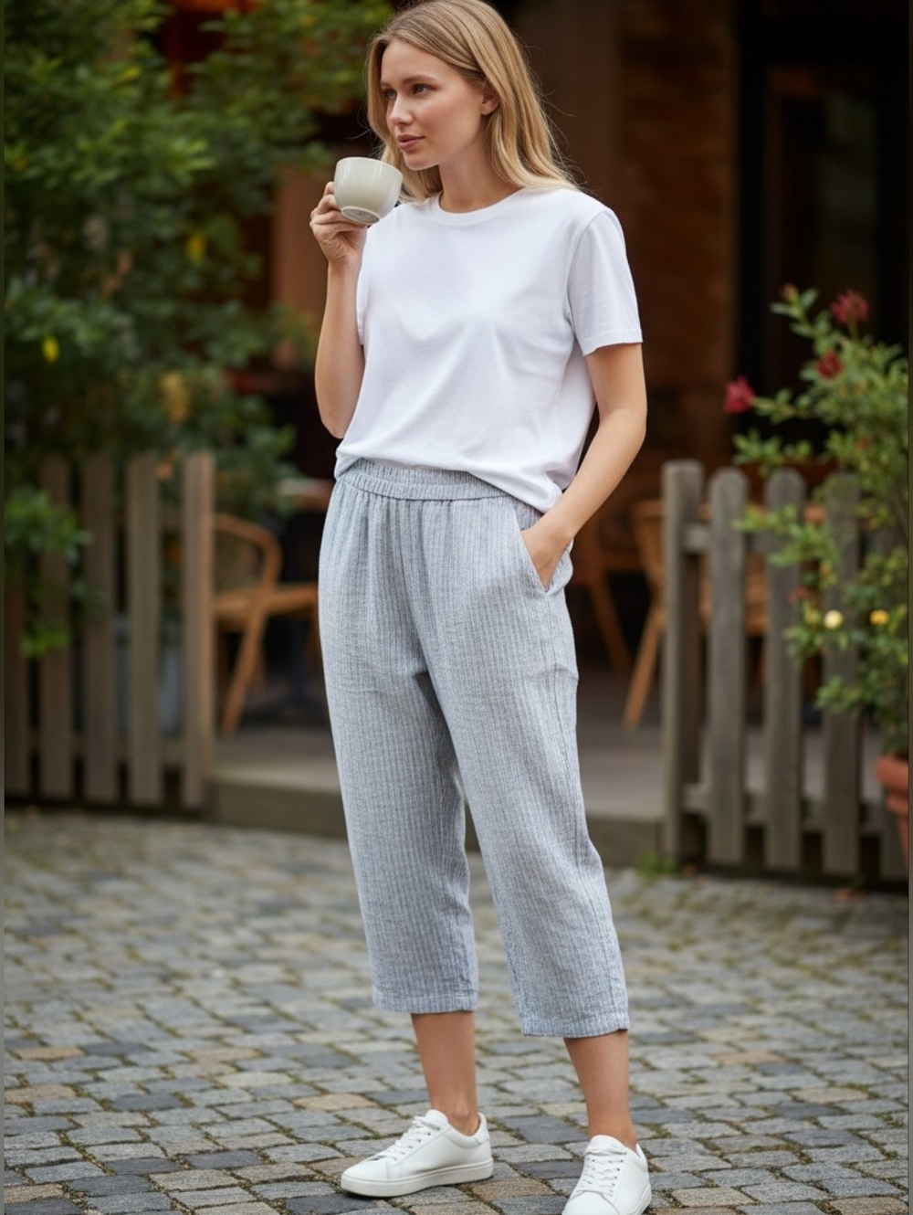Eileen Fisher Blue and White Striped Cropped Pants